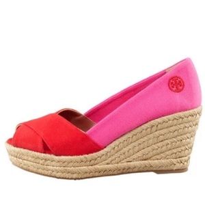 TORY BURCH Filipa Espadrille Red Pink Leather Canvas Straw Wedge
